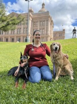 Woman sitting on grass with a Doberman mix and Golden Retriever in front of a large building.