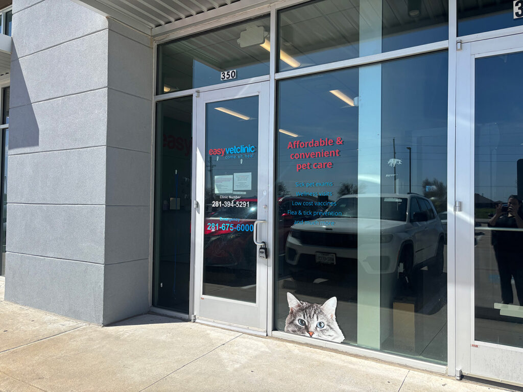 Exterior view of "easyvetclinic" with advertised services on door and cat graphic.